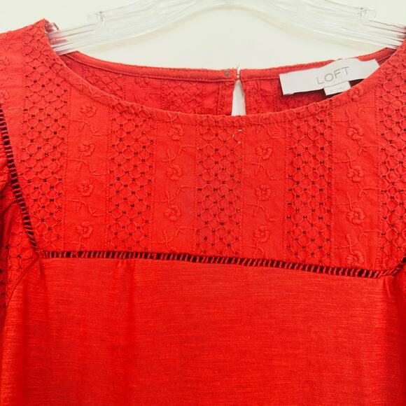 LOFT Womens Cotton Embroidered Floral Puff Peasant Loose Rust Smock Top Sz Small - Picture 4 of 8
